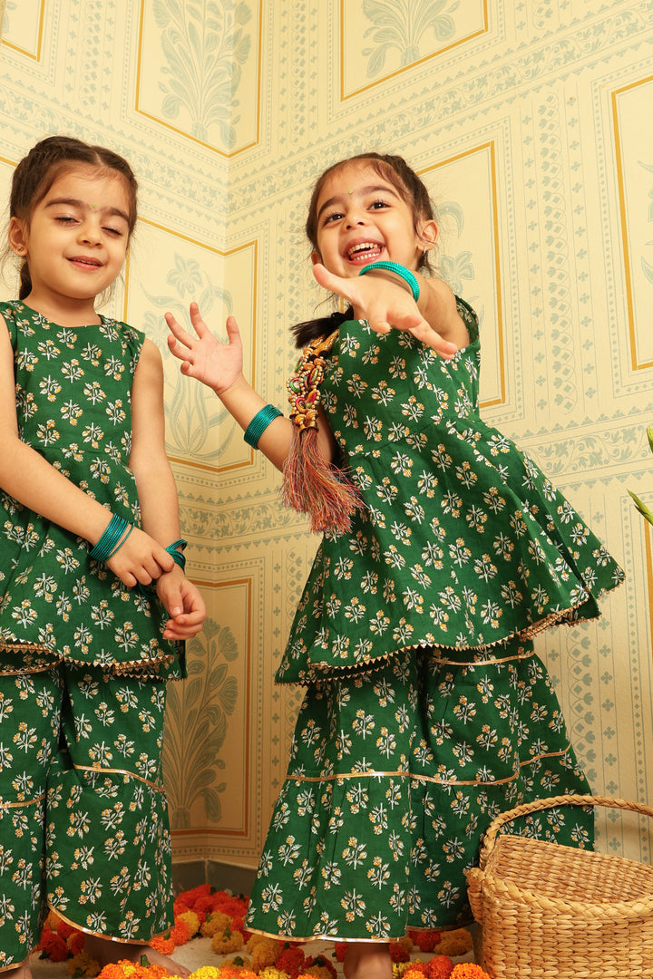 Emerald Green Floral Sharara (Set of Two)