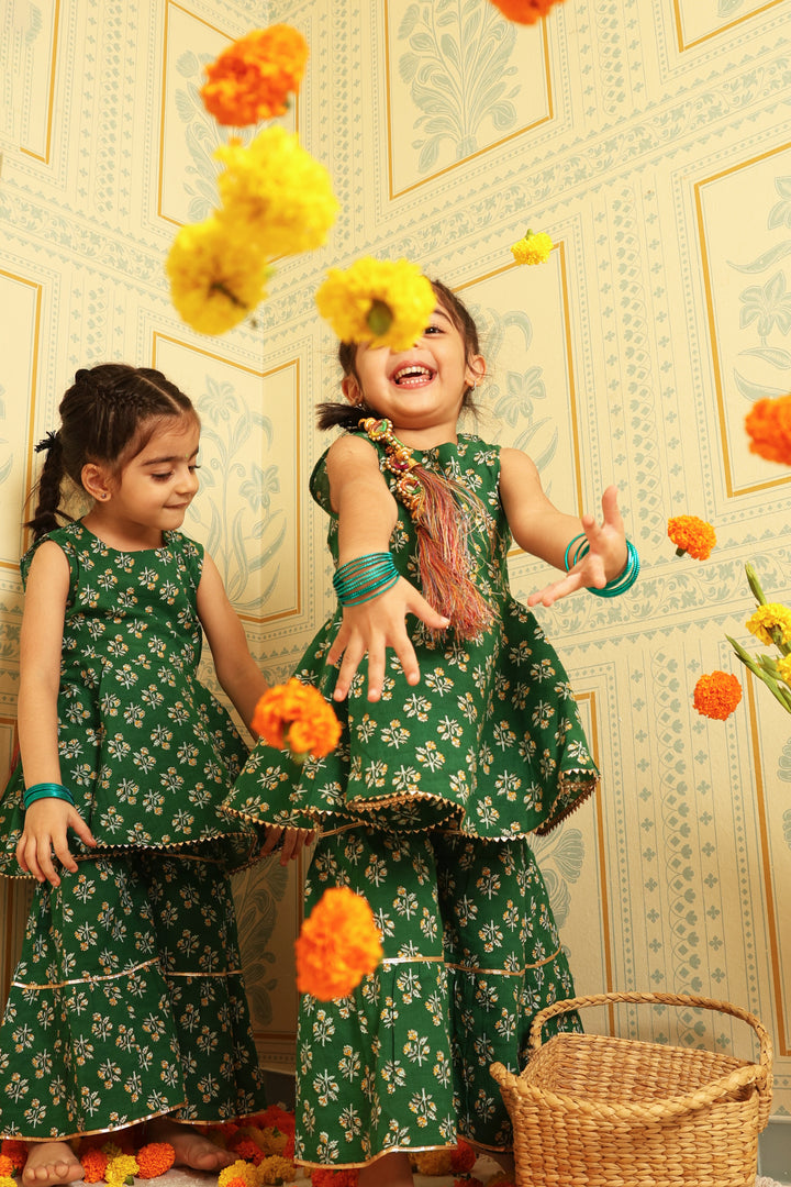 Emerald Green Floral Sharara (Set of Two)