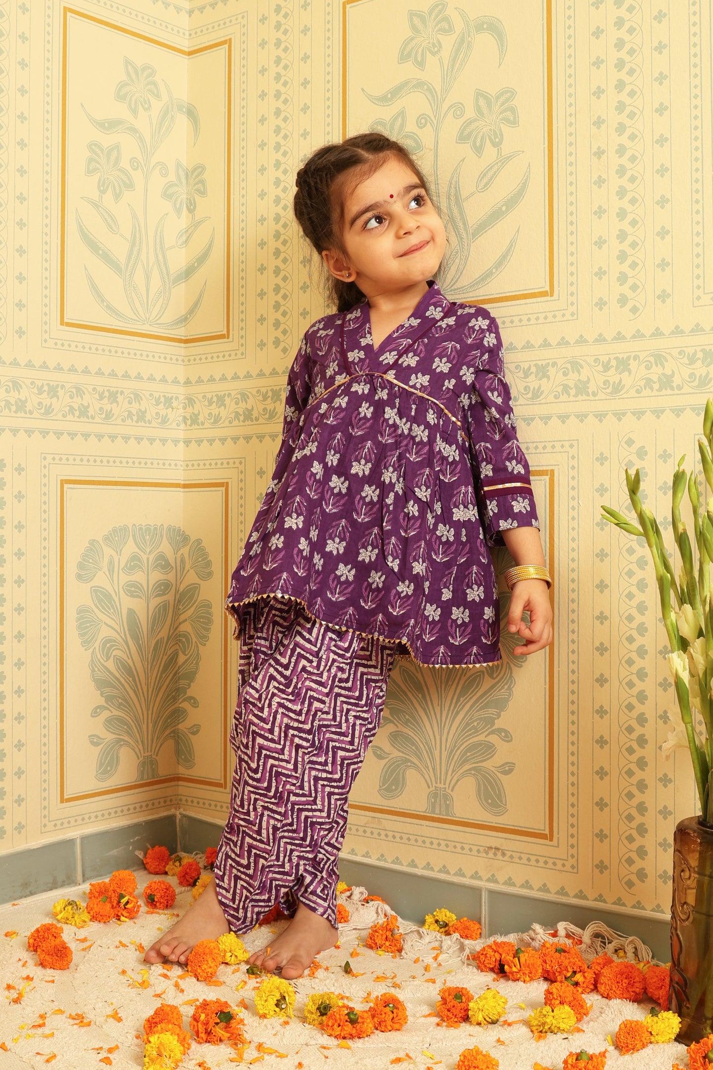 Purple Floral Dhoti Set (Set of Two)