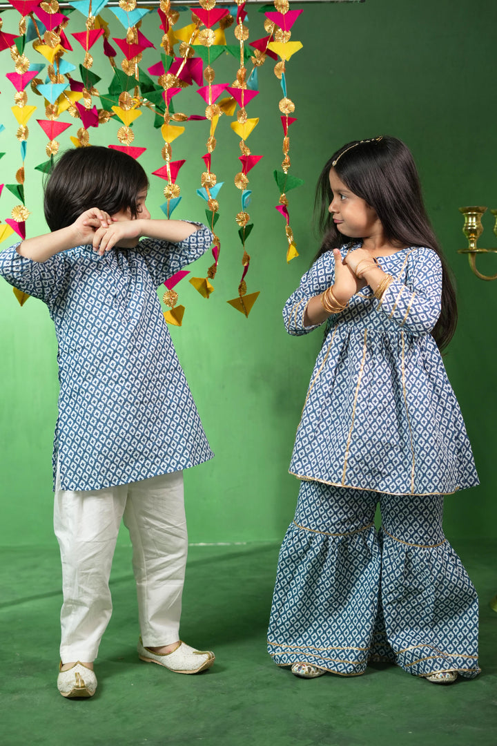Blue Diamond Print Sharara Set