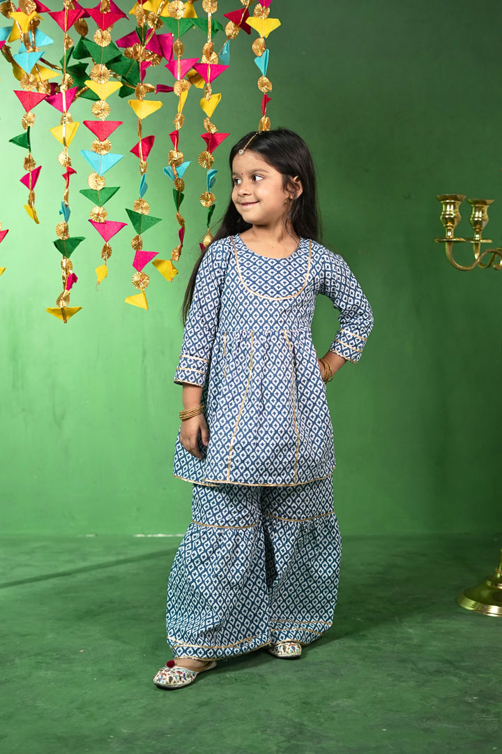 Blue Diamond Print Sharara Set
