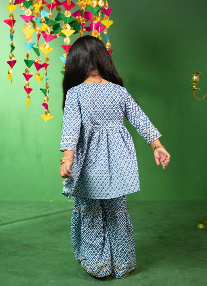 Blue Diamond Print Sharara Set