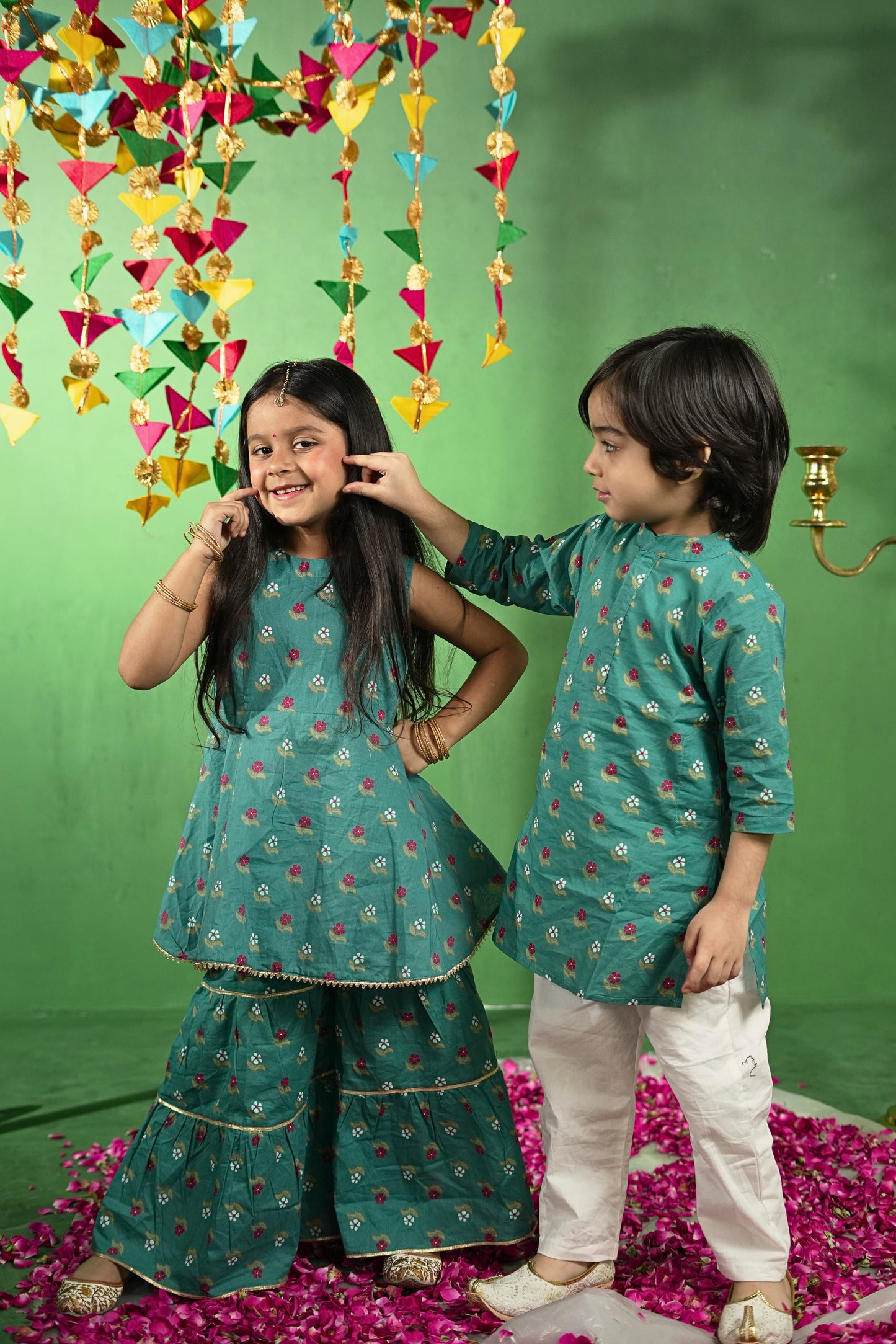 Teal Green Floral Cotton Kurta Set