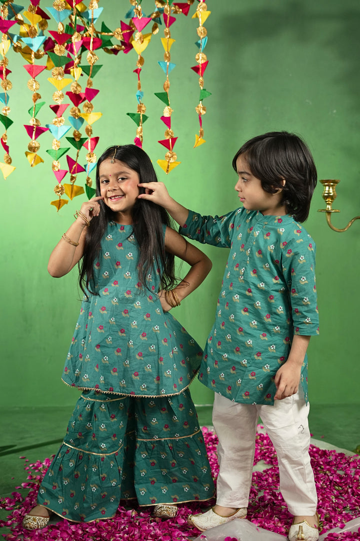 Teal Green Floral Cotton Kurta Set