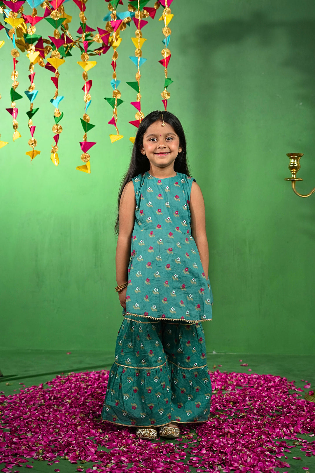 Teal Green Floral Cotton Kurta Set