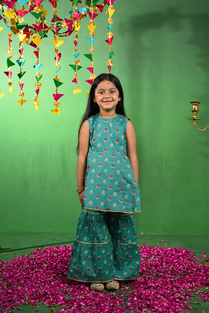 Teal Green Floral Cotton Kurta Set