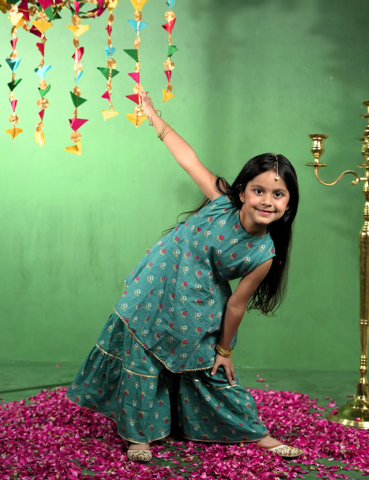 Teal Green Floral Cotton Kurta Set