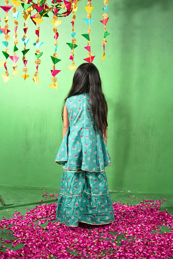Teal Green Floral Cotton Kurta Set