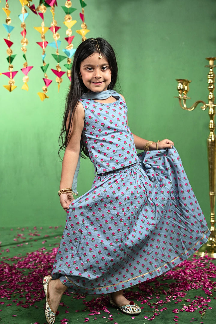 Blue Rose Print Lehenga Set