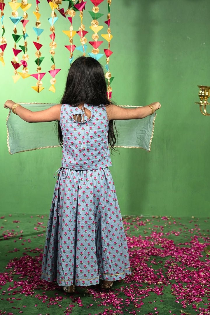Blue Rose Print Lehenga Set
