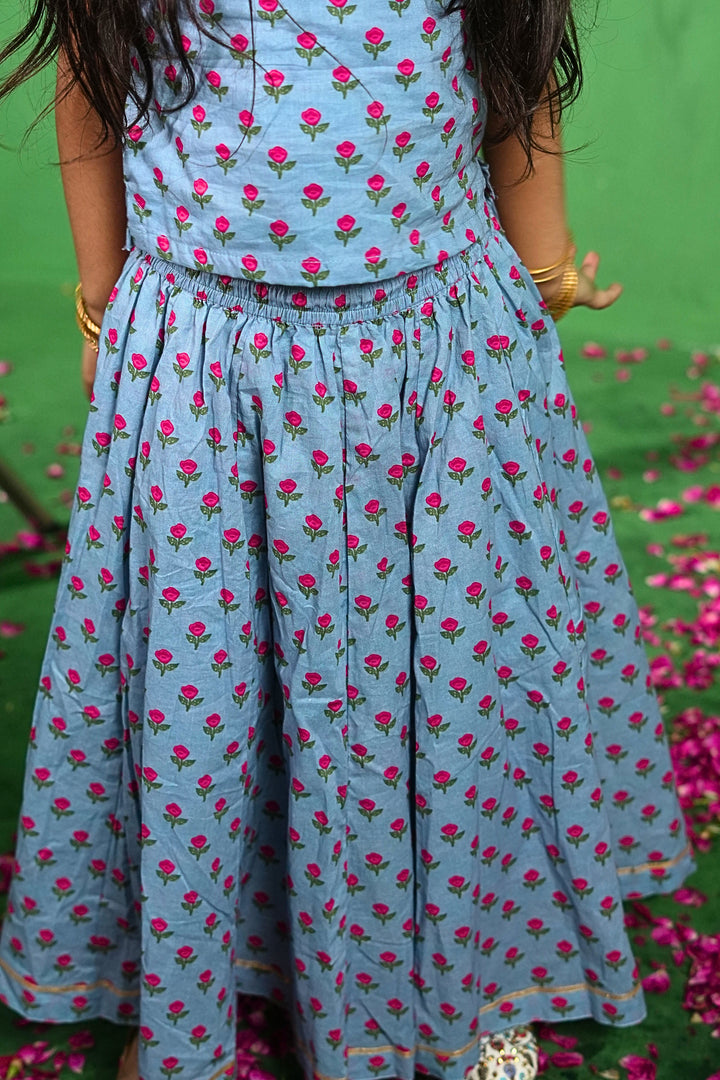 Blue Rose Print Lehenga Set