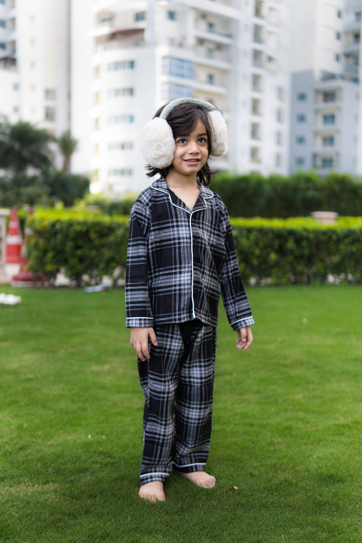 Black Winter Checks Kids Pajama Set - Puddle Fashion