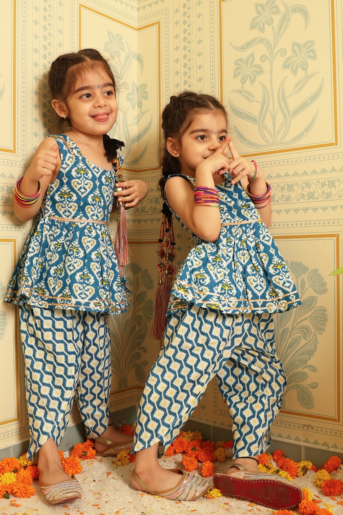 Blue Gota Sleeveless Dhoti Set (Set of Two) - Puddle Fashion