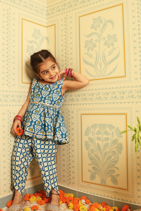 Blue Gota Sleeveless Dhoti Set (Set of Two) - Puddle Fashion