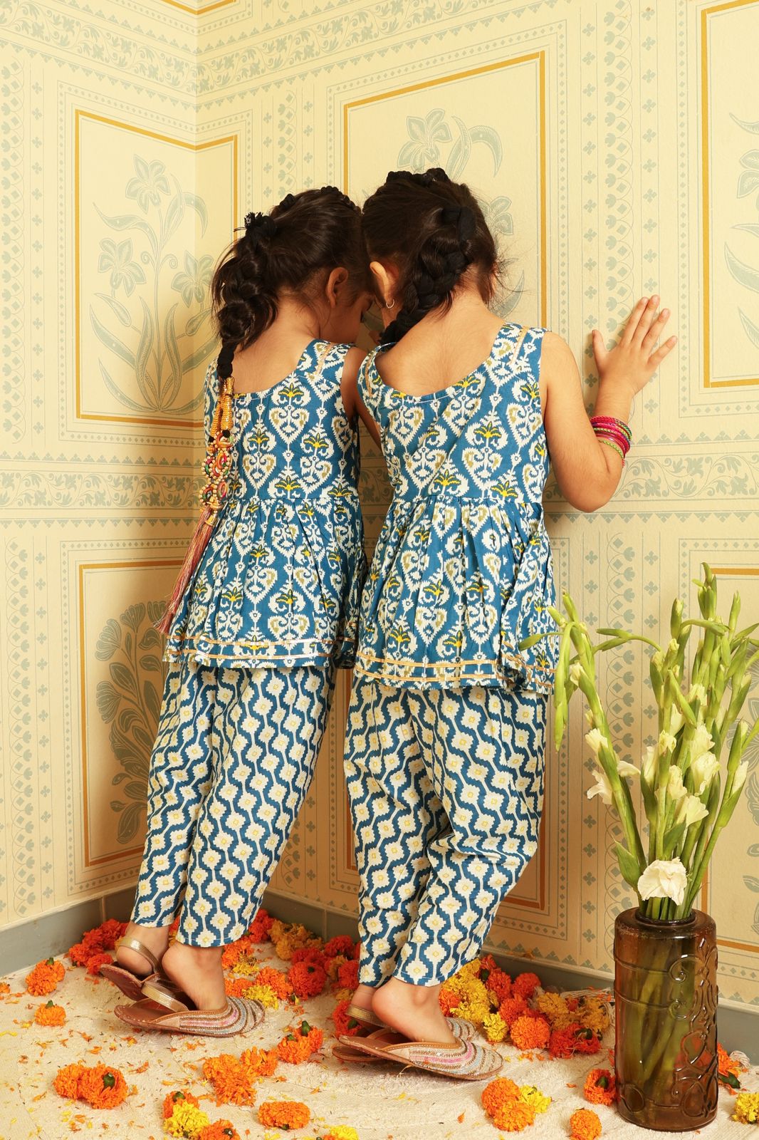 Blue Gota Sleeveless Dhoti Set (Set of Two) - Puddle Fashion