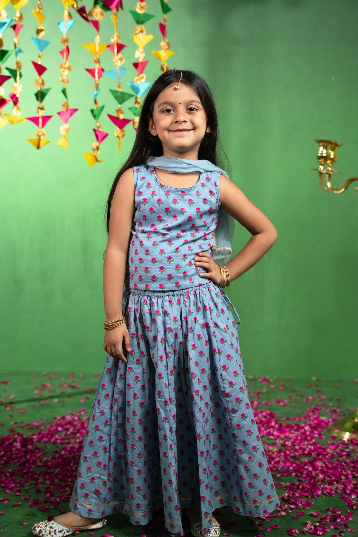 Blue Rose Print Lehenga Set - Puddle Fashion