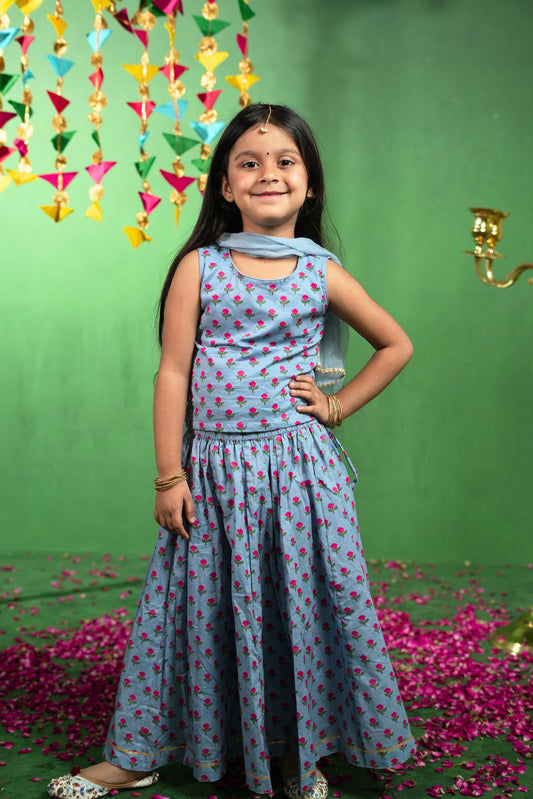 Blue Rose Print Lehenga Set - Puddle Fashion