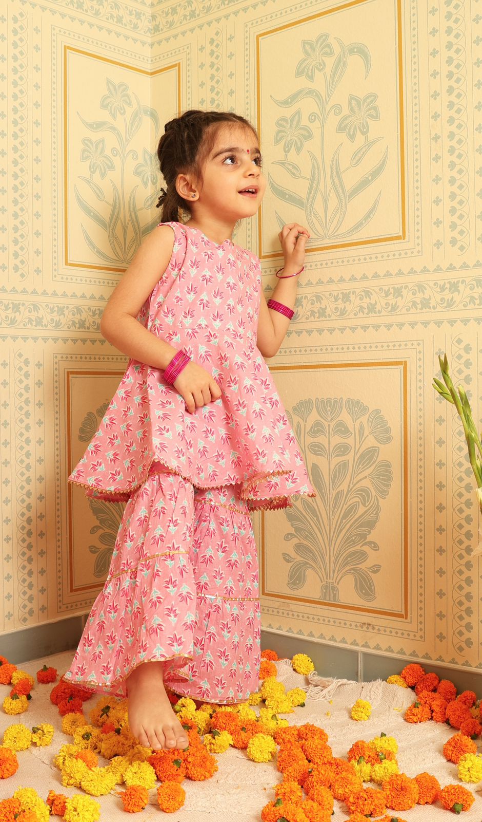 Blush Pink Floral Sharara Set (Set of Two) - Puddle Fashion