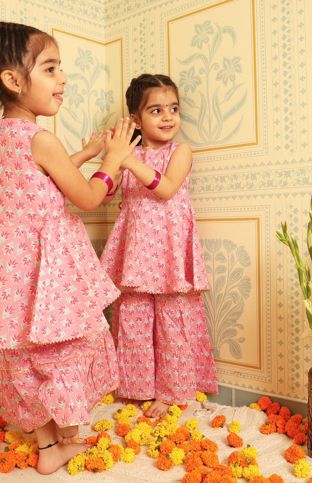 Blush Pink Floral Sharara Set (Set of Two) - Puddle Fashion