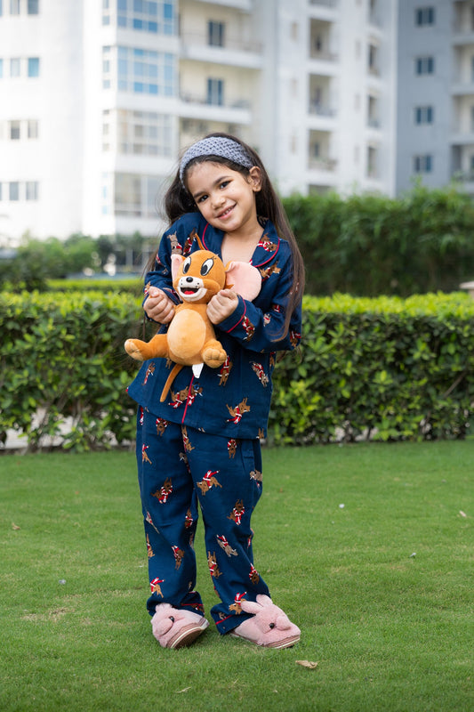 Festive Pup Flannel Night Suit – Navy Blue - Puddle Fashion