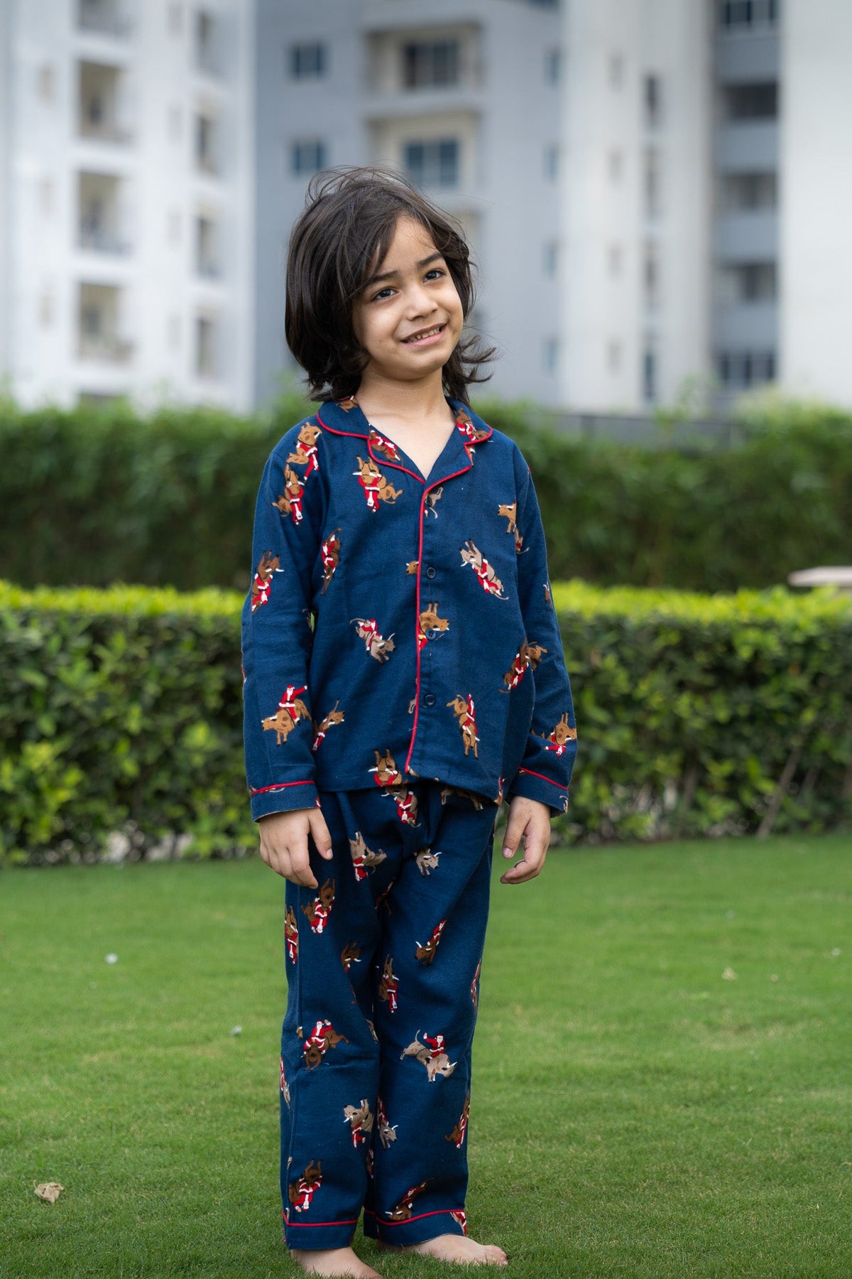 Festive Pup Flannel Night Suit – Navy Blue - Puddle Fashion