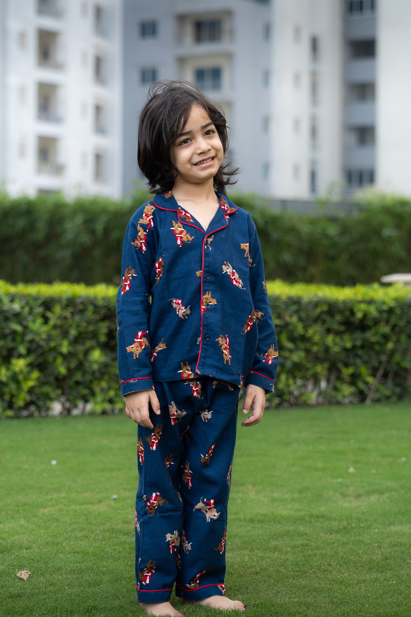 Festive Pup Flannel Night Suit – Navy Blue - Puddle Fashion