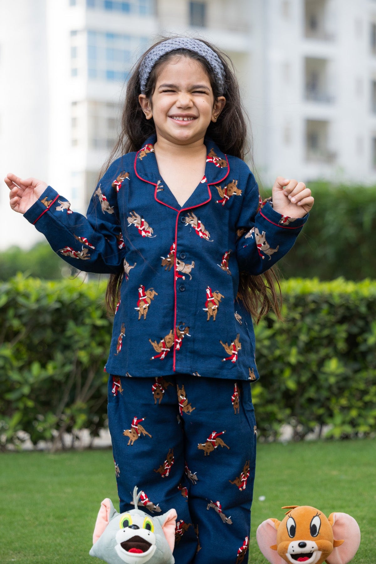 Festive Pup Flannel Night Suit – Navy Blue - Puddle Fashion