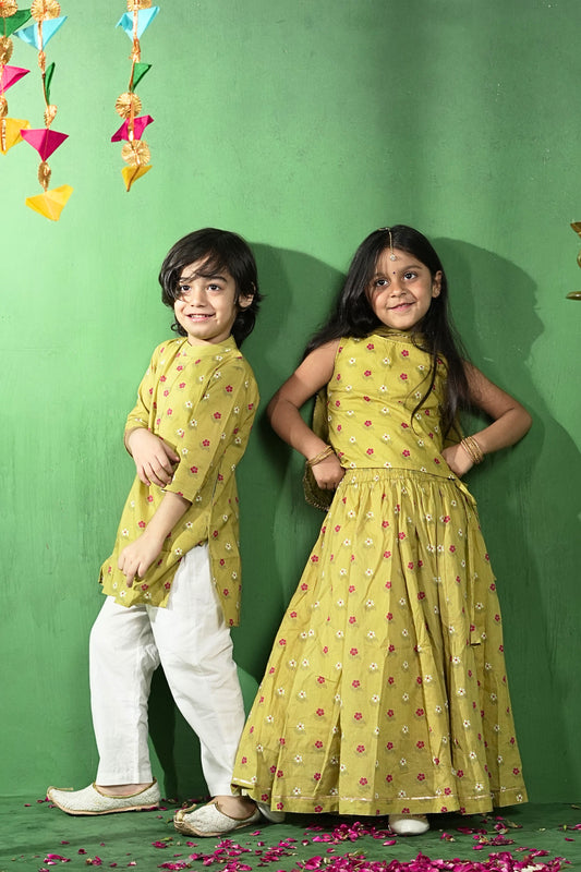 Mustard Floral Cotton Sibling Sets - Puddle Fashion