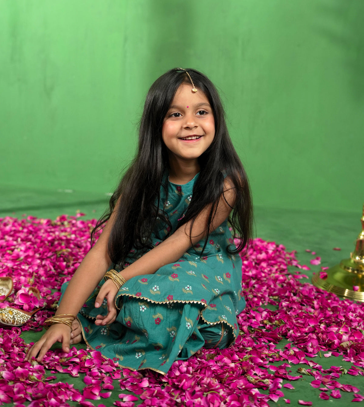 Teal Green Floral Cotton Kurta Set - Puddle Fashion