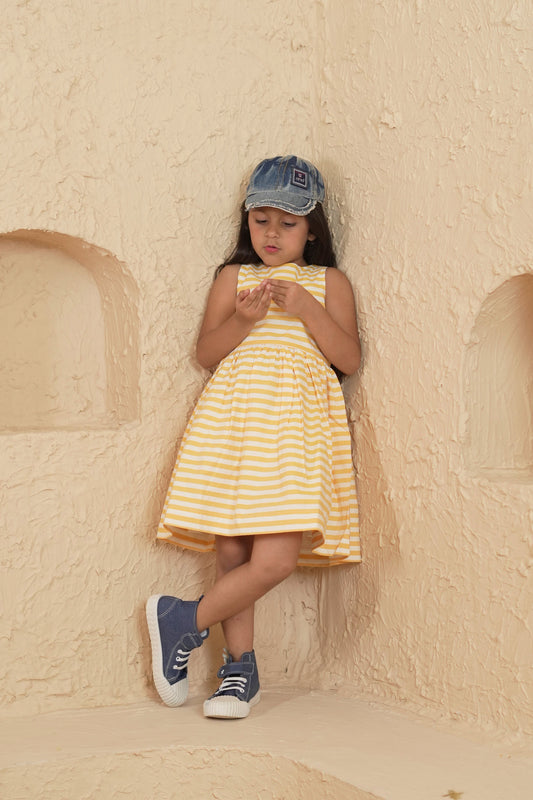 Yellow and White Stripe Dress - Puddle Fashion