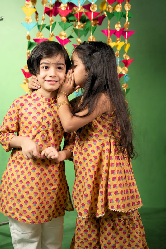 Yellow Floral Cotton Sibling Sets - Puddle Fashion